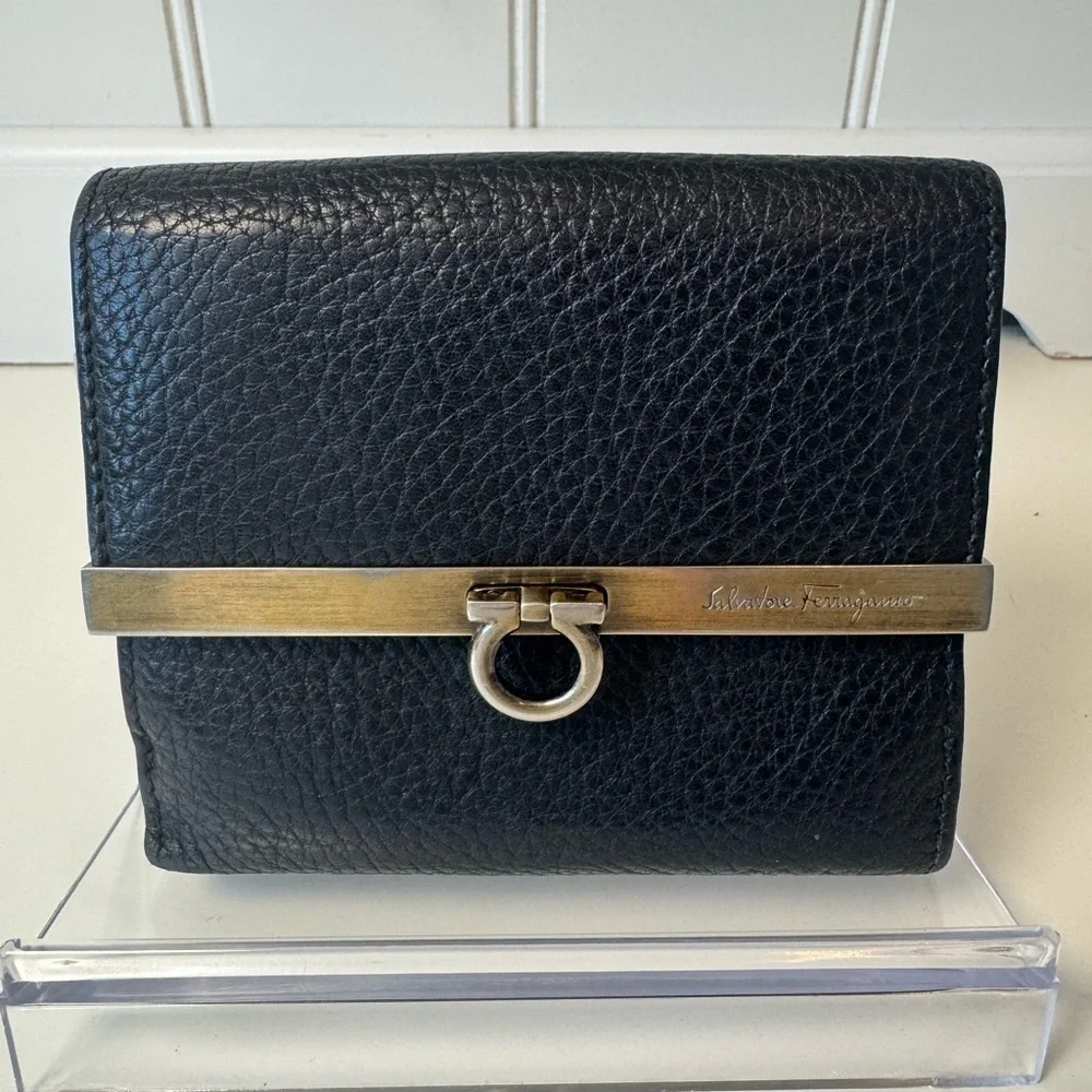Salvatore Ferragamo Vintage Hook Bi Fold Black Pebbled Leather Wallet